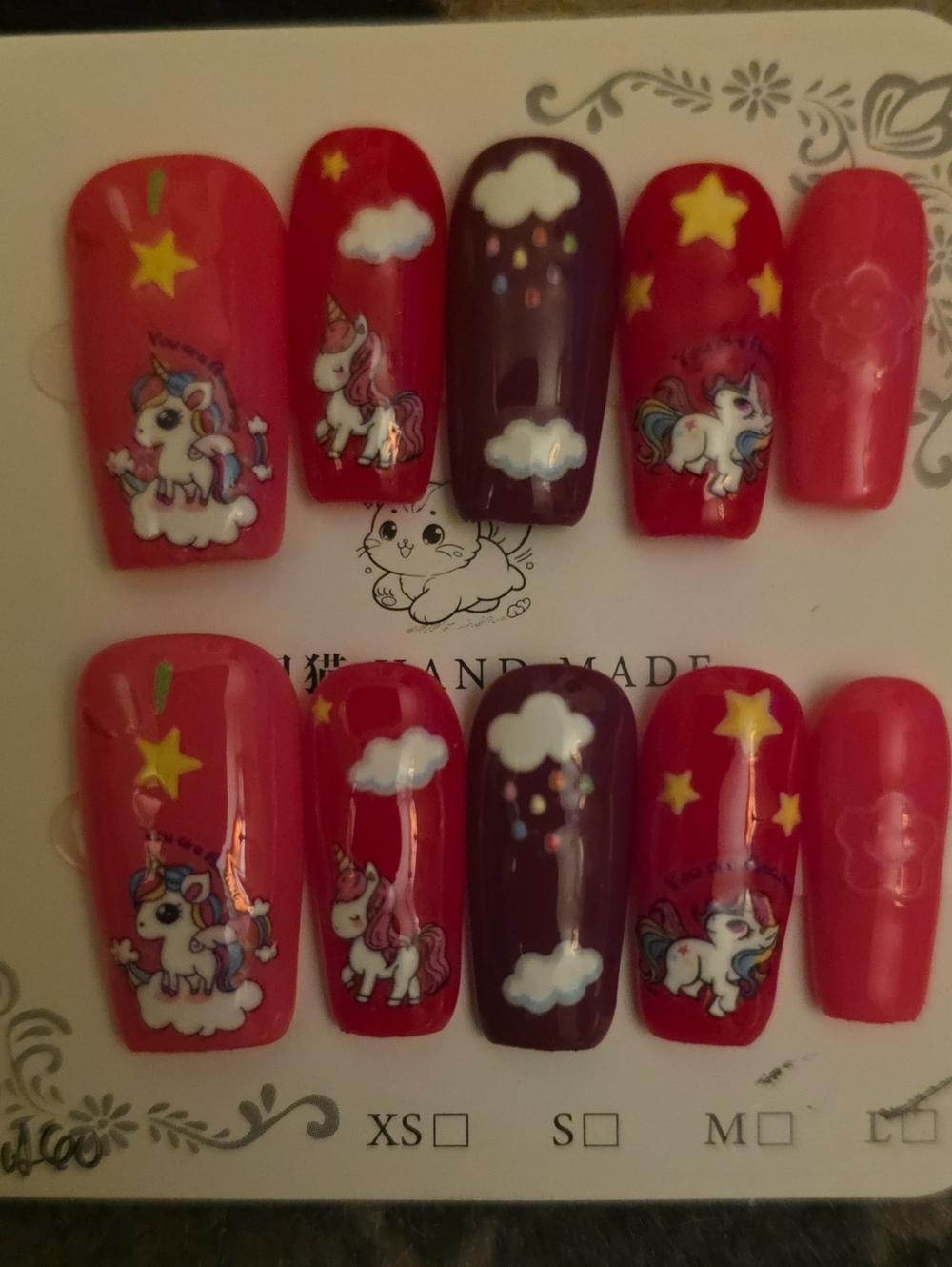 Unicorn Print Red & Purple Small Pet Nail Art Set Size Large